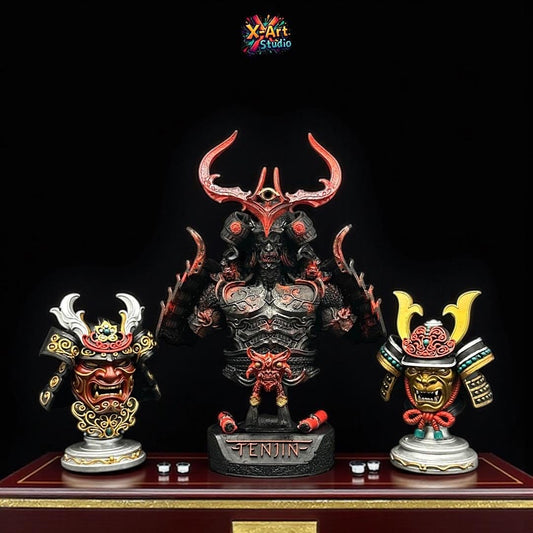 Tenjin Bust: Samurai Armor, Japanese Divine God Hand-Painted 3D Resin Sculpture