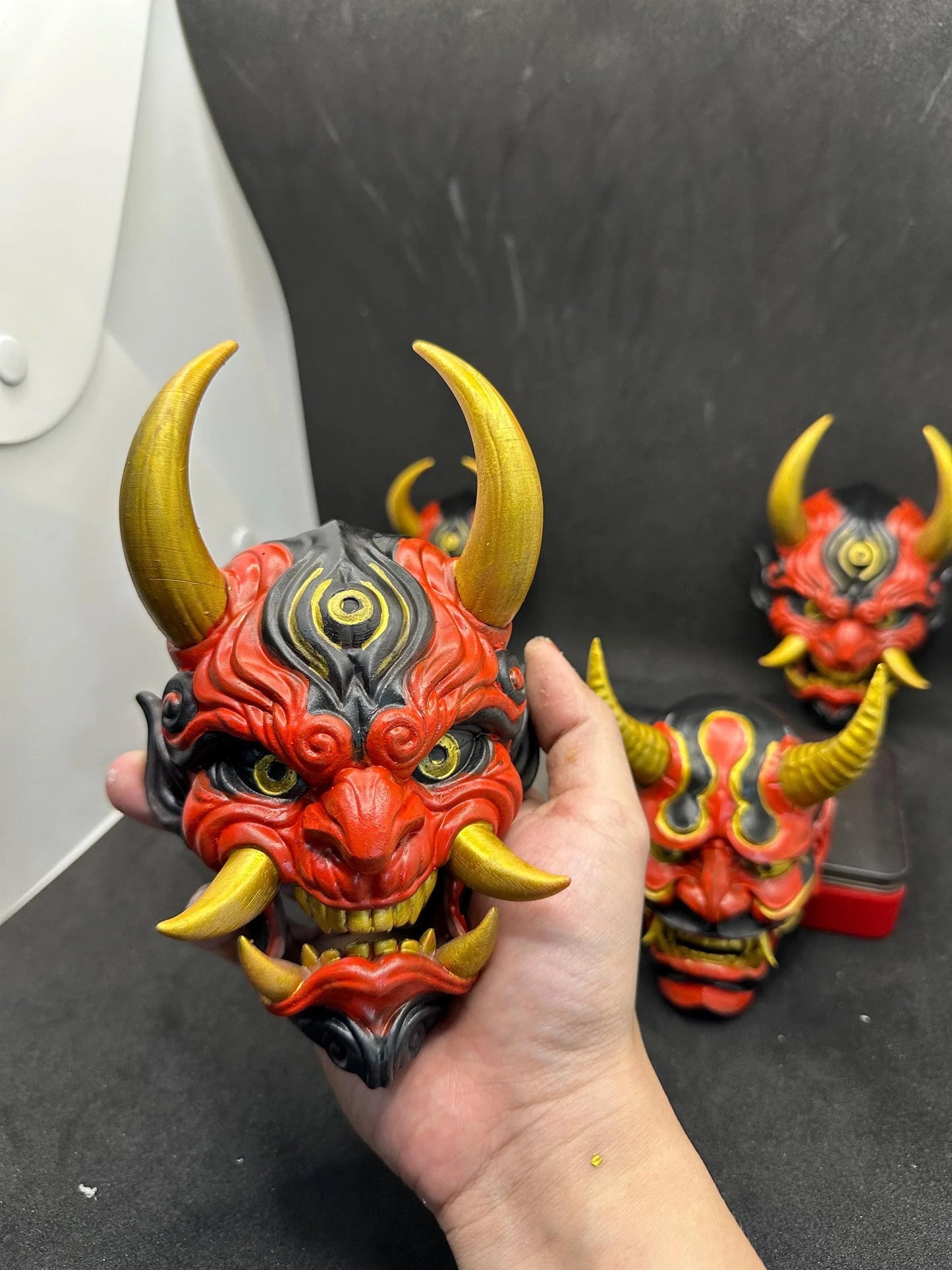Hand-Painted Oni Mask Sculpture - RED, PURPLE, GREEN Japanese Demon Art | 3D Resin Mystical Home Accent