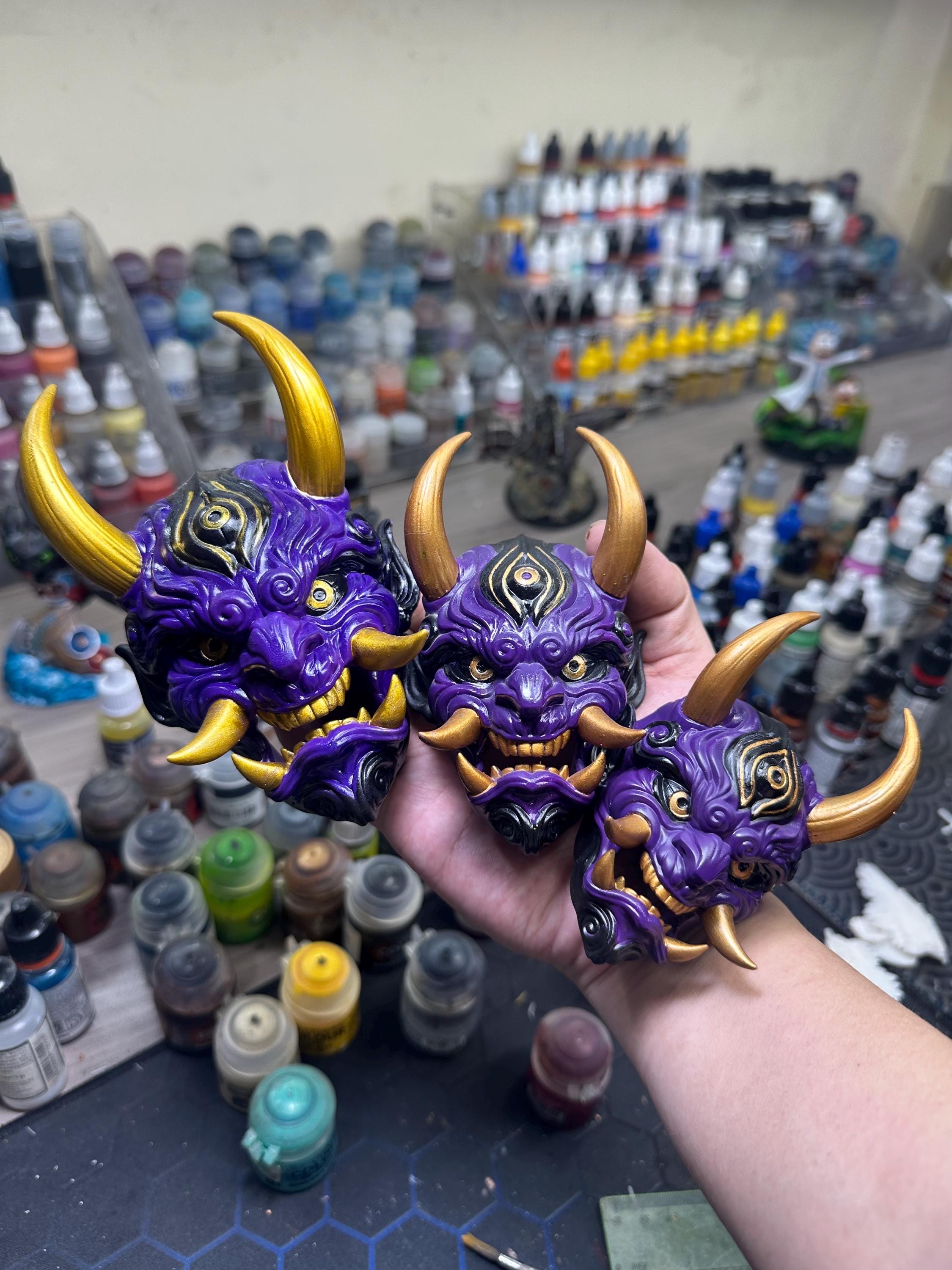 Hand-Painted Oni Mask Sculpture - RED, PURPLE, GREEN Japanese Demon Art | 3D Resin Mystical Home Accent