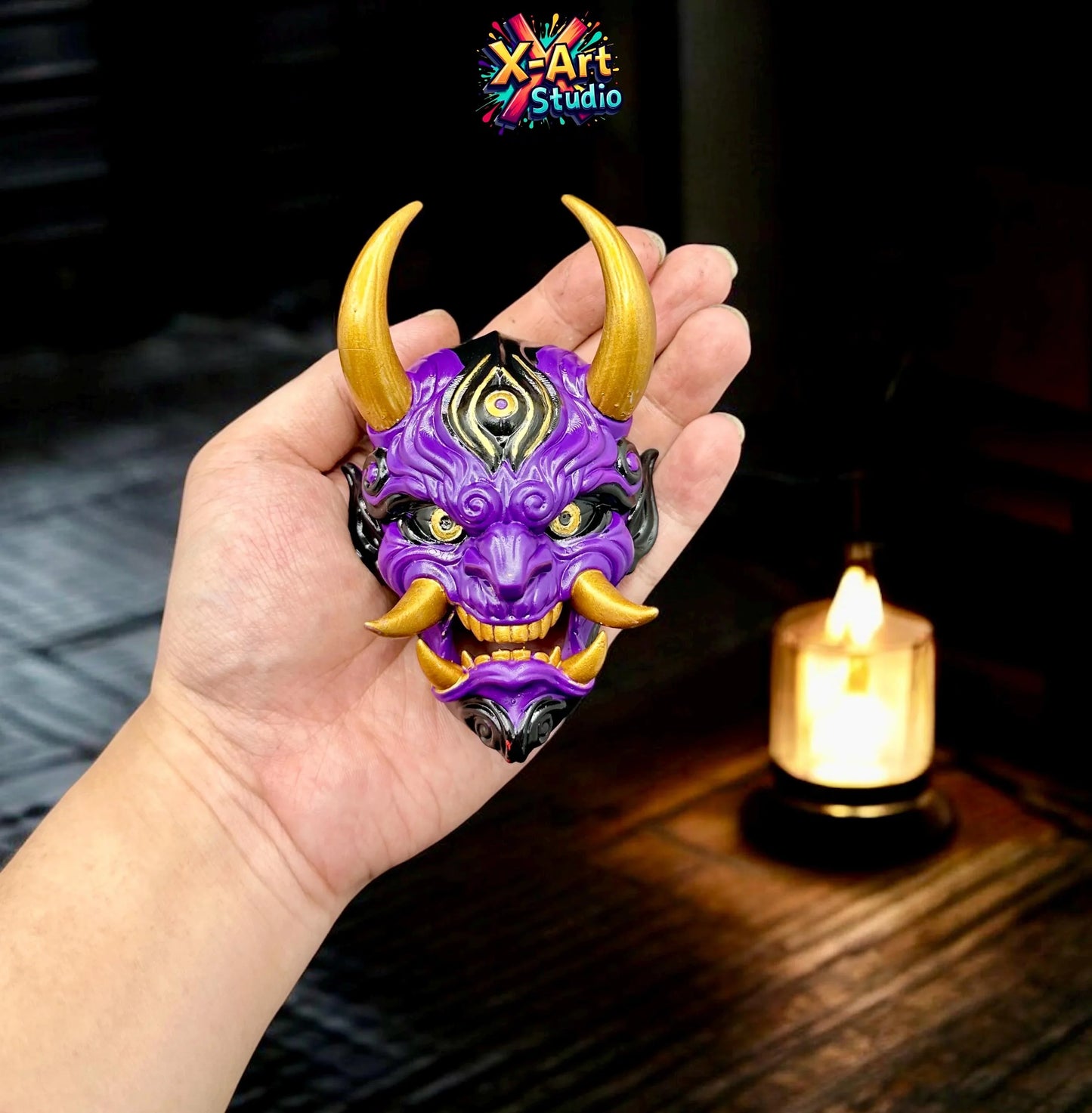Hand-Painted Oni Mask Sculpture - RED, PURPLE, GREEN Japanese Demon Art | 3D Resin Mystical Home Accent