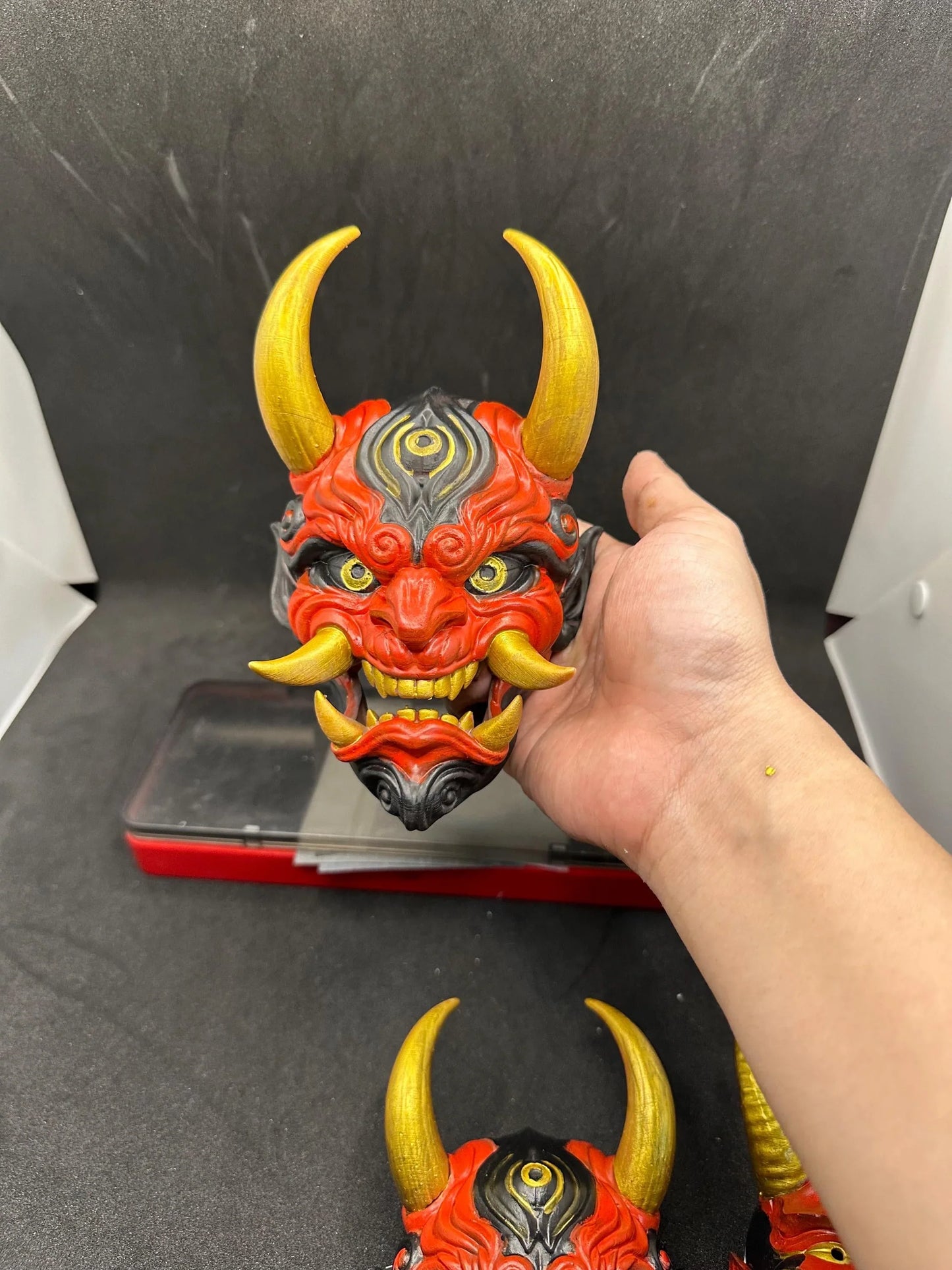 Hand-Painted Oni Mask Sculpture - RED, PURPLE, GREEN Japanese Demon Art | 3D Resin Mystical Home Accent