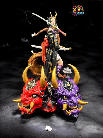 Hand-Painted Oni Mask Sculpture - RED, PURPLE, GREEN Japanese Demon Art | 3D Resin Mystical Home Accent