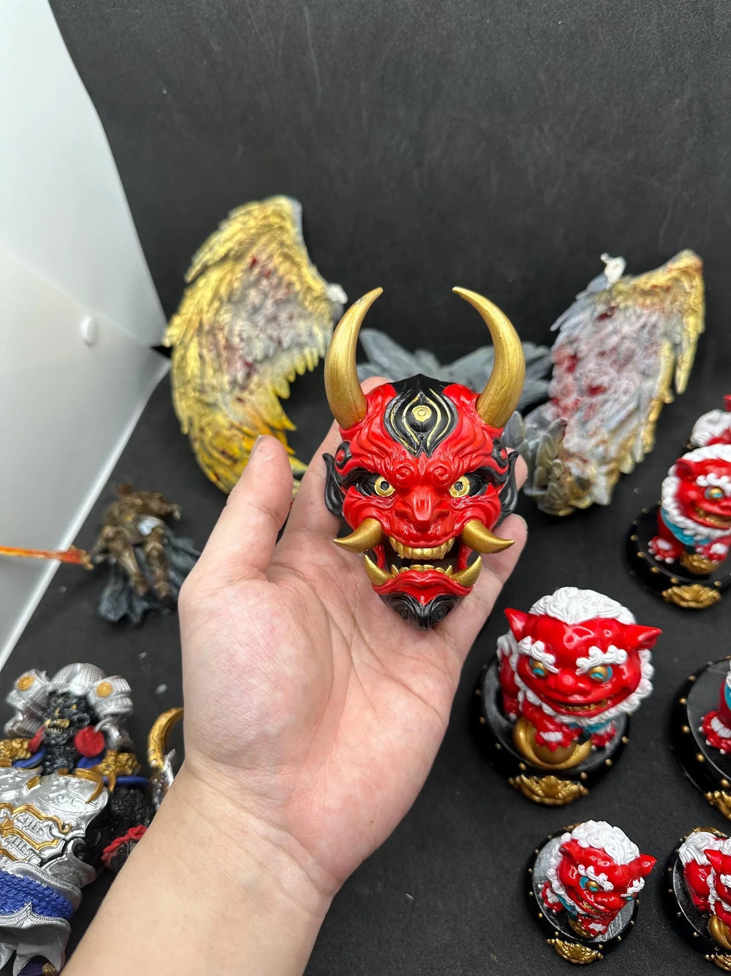 Hand-Painted Oni Mask Sculpture - RED, PURPLE, GREEN Japanese Demon Art | 3D Resin Mystical Home Accent