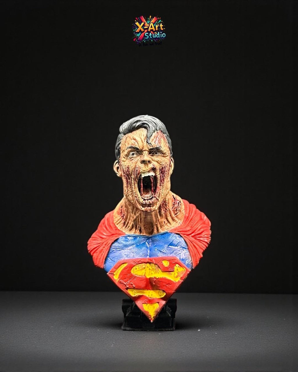 Superman Zombie Cosplay Bust - Hand-Painted 3D Resin Fan Art Sculpture - Undead Superhero Collector Figure.