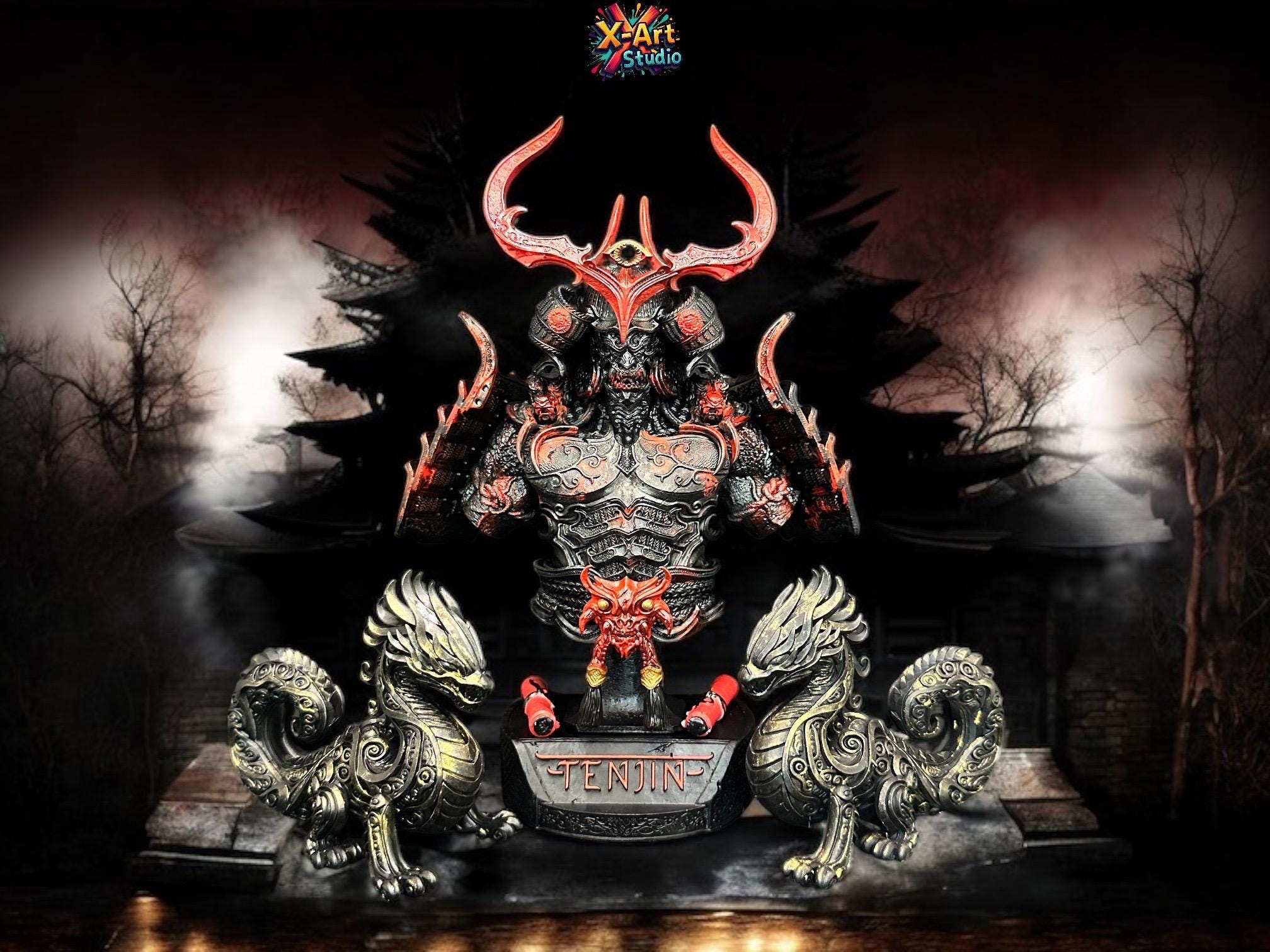Tenjin Bust: Samurai Armor, Japanese Divine God Hand-Painted 3D Resin Sculpture