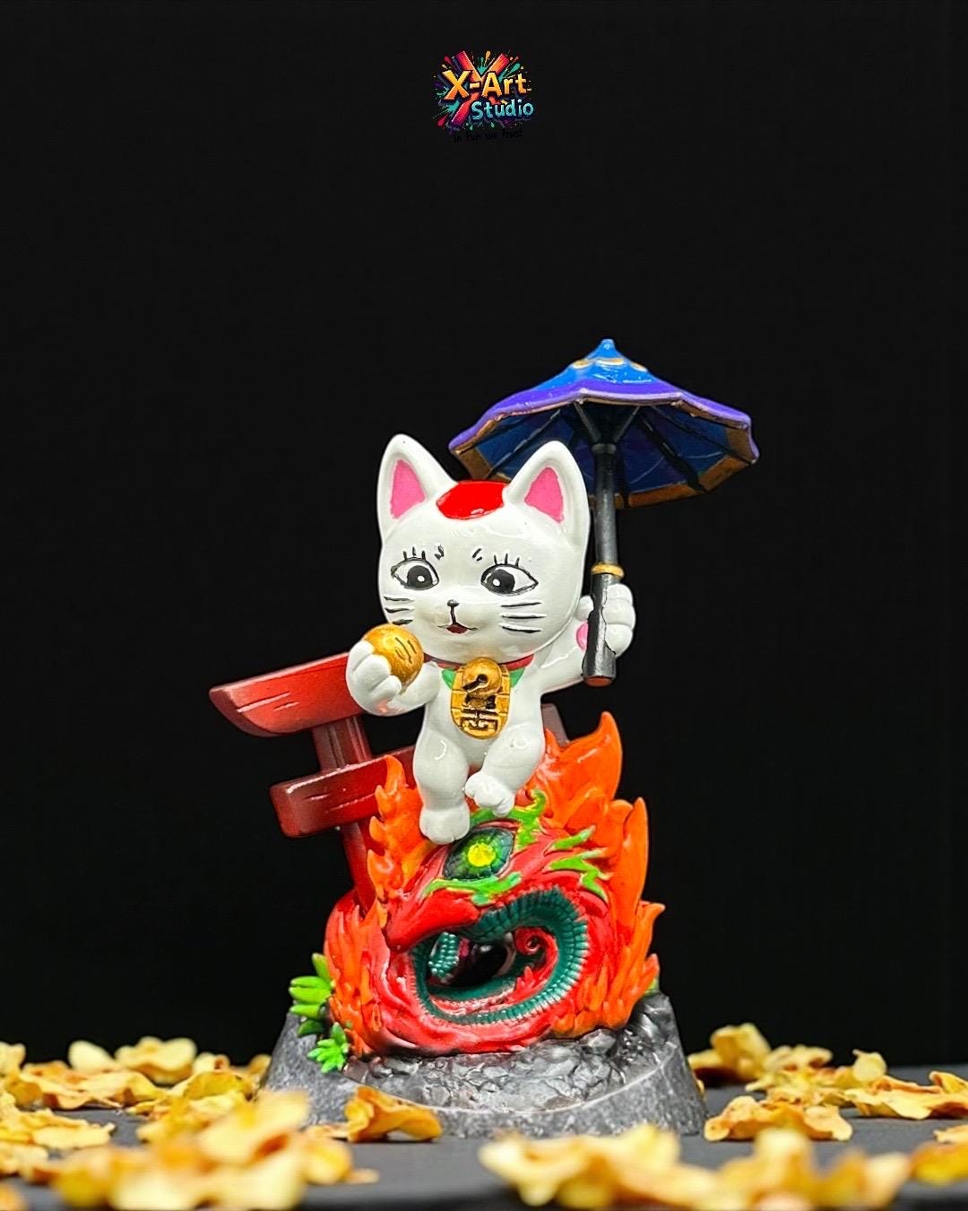 Hand-Painted Neko-jii Yokai Lucky Cat: Quirky Maneki-neko Resin Desk Decor