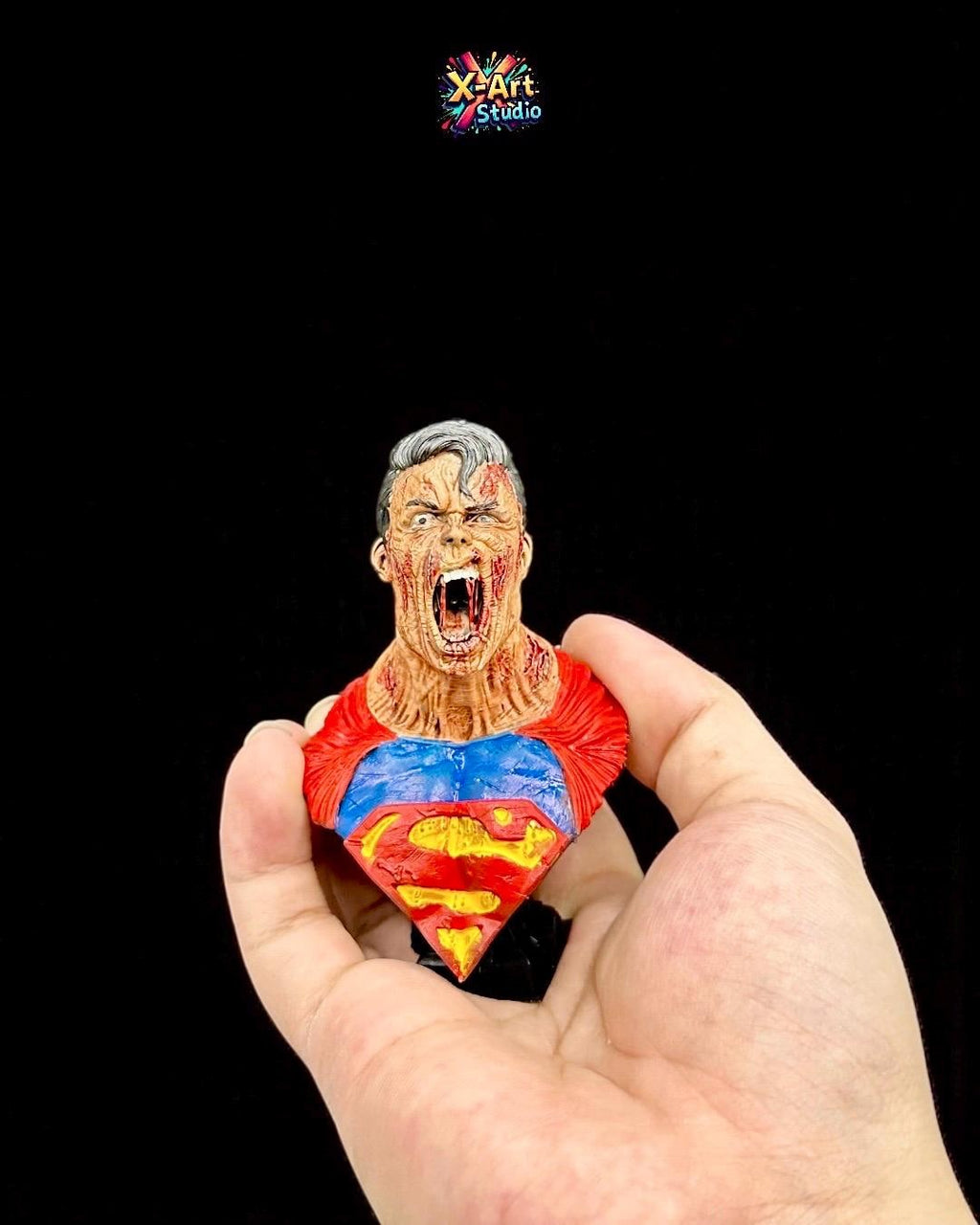 Superman Zombie Cosplay Bust - Hand-Painted 3D Resin Fan Art Sculpture - Undead Superhero Collector Figure.