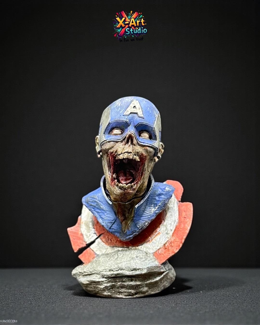 Zombie Captain America Bust - Undead Avenger Fan Art Statue Hand -Painted Resin Horror Marvel Collector Gift - Macabre Super Soldier