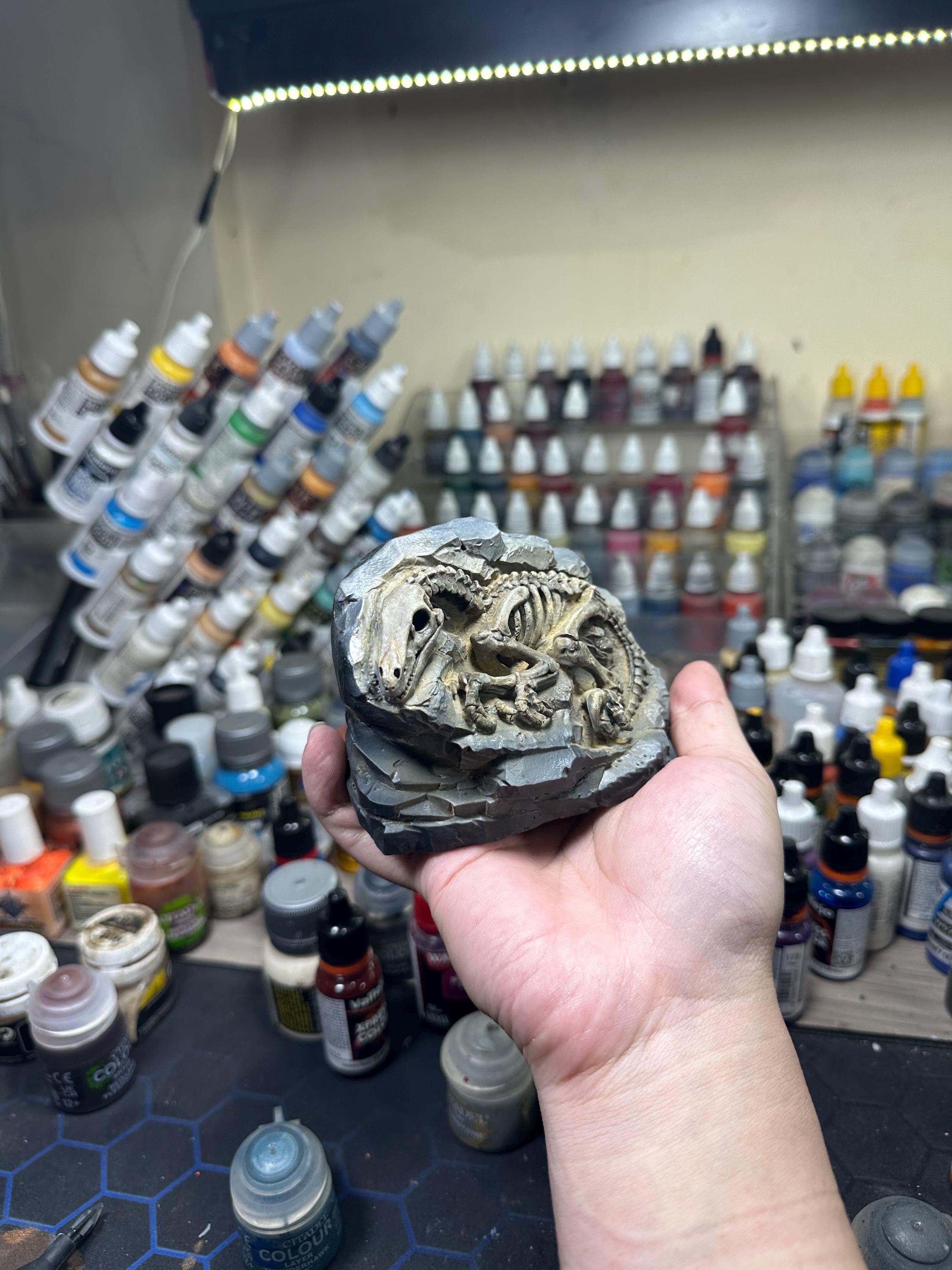 Hand-Painted Velociraptor Fossil Statue – Paleontology Desk Decor