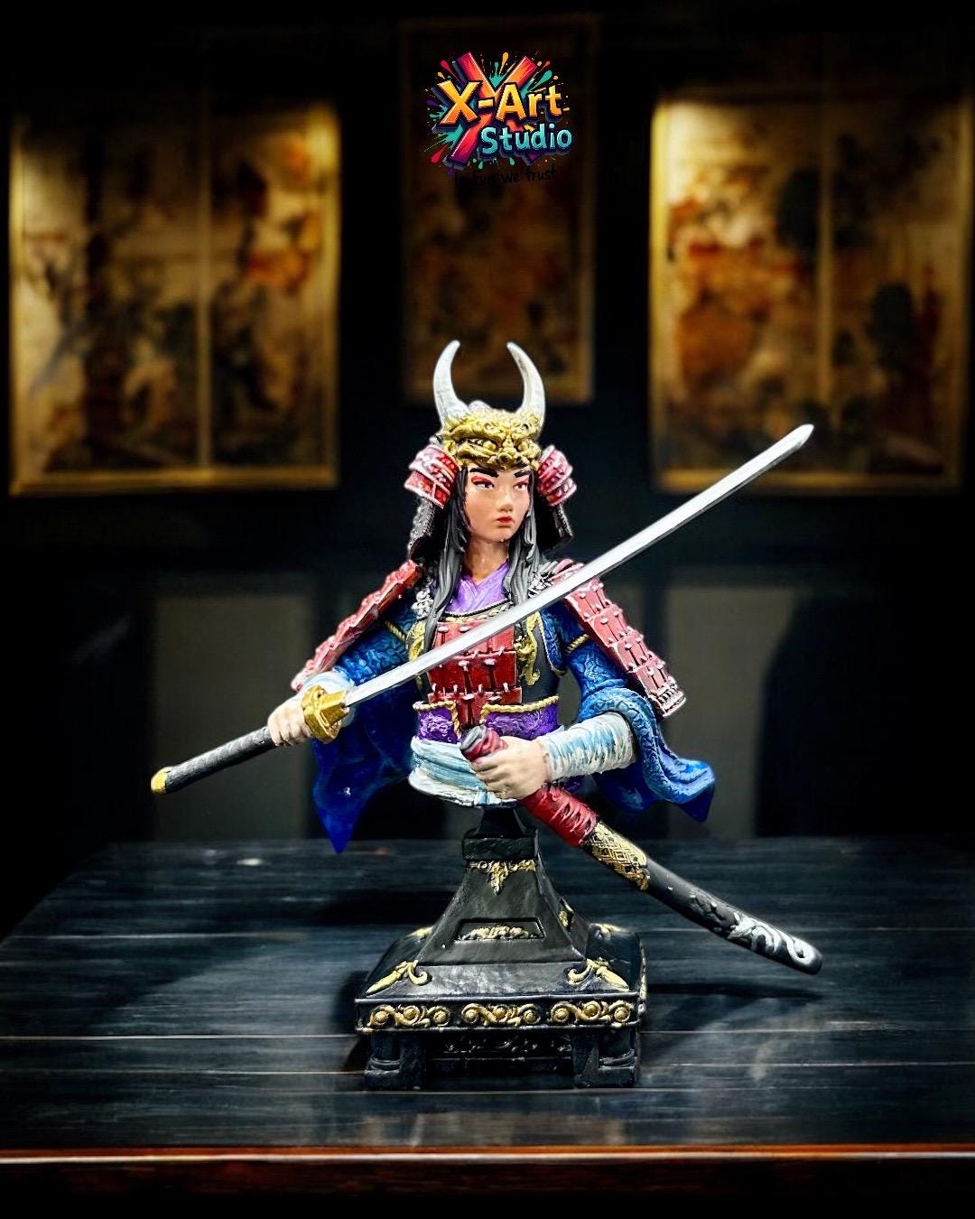 Hand-Painted Female Samurai Bust – Japanese Warrior Statue, Katana Art