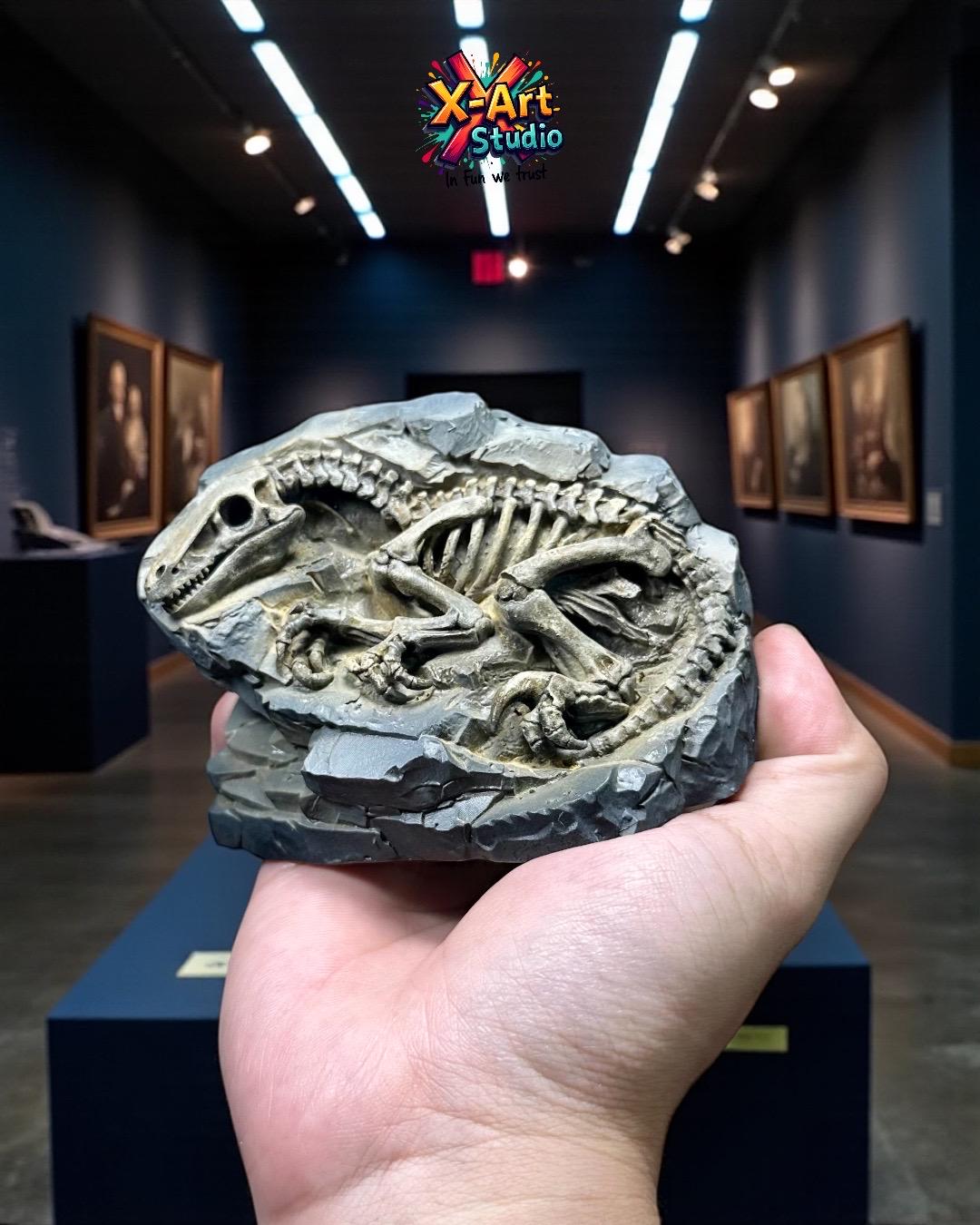 Hand-Painted Velociraptor Fossil Statue – Paleontology Desk Decor