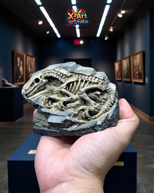 Hand-Painted Velociraptor Fossil Statue – Paleontology Desk Decor