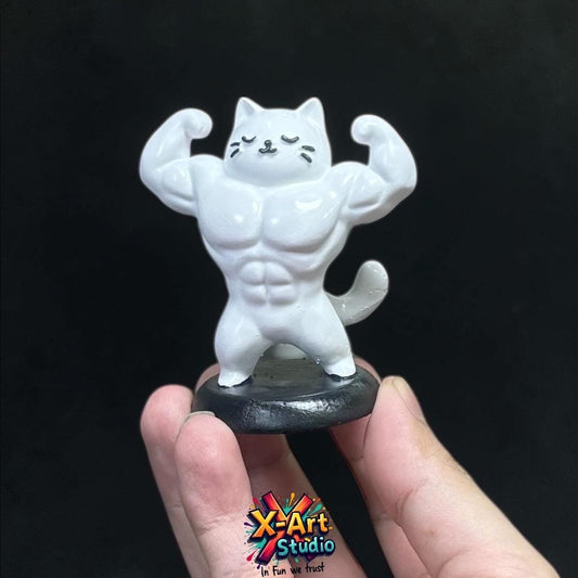 Muscular Cat Figurine – Hand-Painted Resin Meme Desk Decor Statue