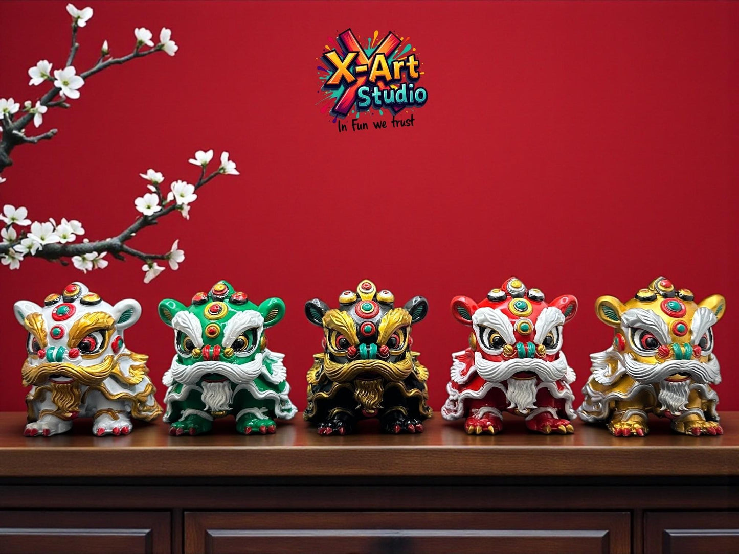 Hand-Painted Resin Fu Lion Statue – Chinese Lion Dance Figurine, Feng Shui Decor