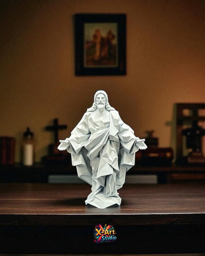 Low Poly Jesus Statue – Modern Christian Figurine – Minimalist Religious Decor – Resin Sculpture – Spiritual Gift