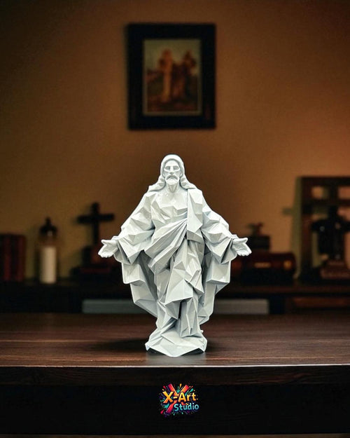 Low Poly Jesus Statue – Modern Christian Figurine – Minimalist Religious Decor – Resin Sculpture – Spiritual Gift