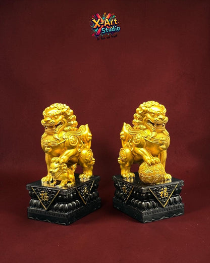 Hand Painted Chinese Guardian Lion Statues, Foo Dog Feng Shui Decor, Wealth Protection Sculpture