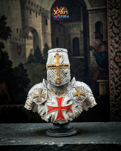 Templar Knight Bust Statue – Hand-Painted Resin Crusader Armor Figurine – Gothic Desk Decor