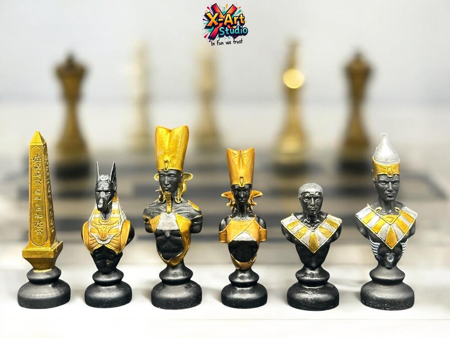Set of 06 Egyptian Chess Busts – Black Edition Hand-Painted Resin Decor