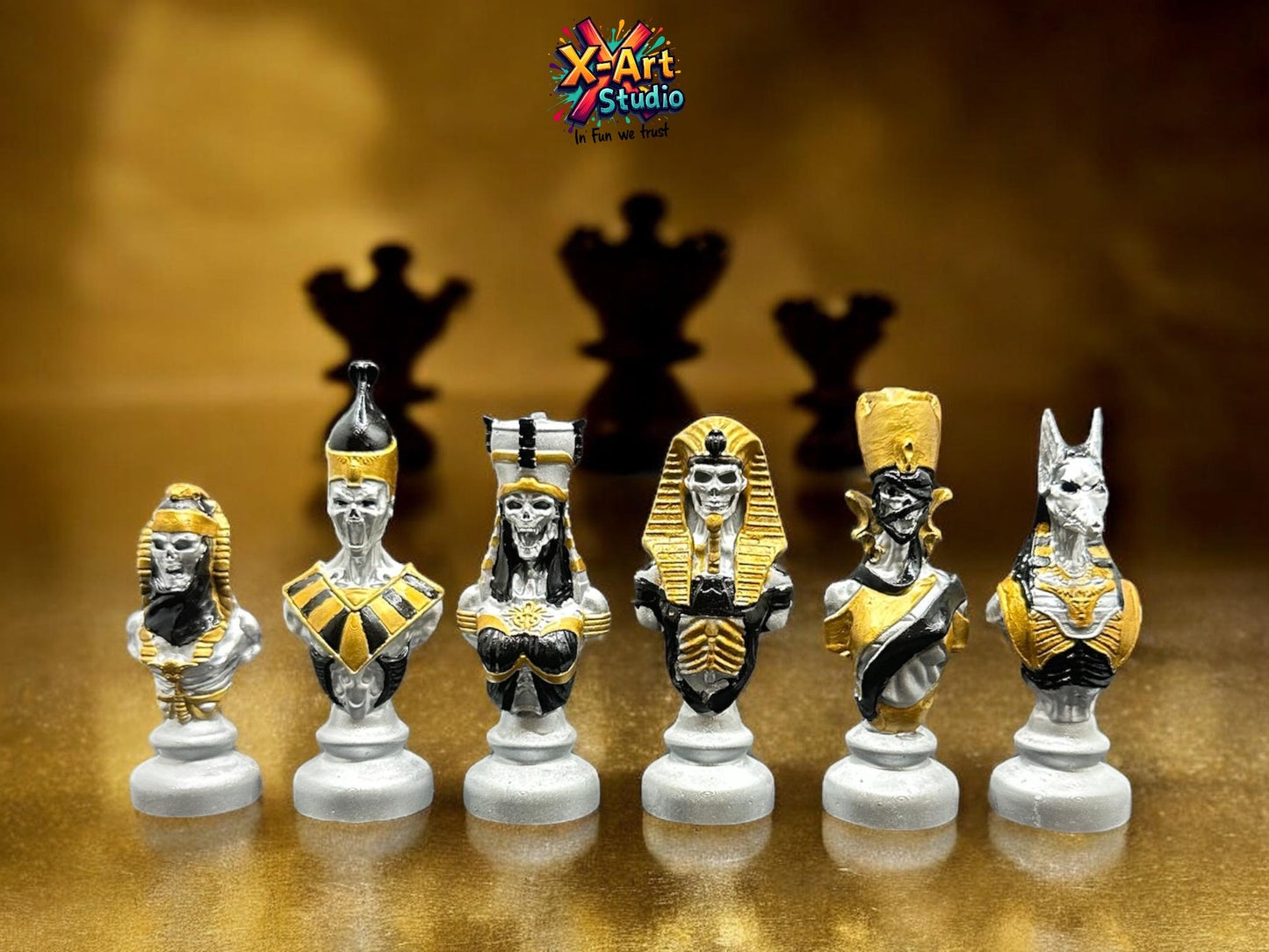 Set of 06 Egyptian Chess Busts – Silver Edition Hand-Painted Resin Decor