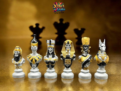 Set of 06 Egyptian Chess Busts – Silver Edition Hand-Painted Resin Decor
