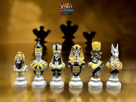 Set of 06 Egyptian Chess Busts – Silver Edition Hand-Painted Resin Decor