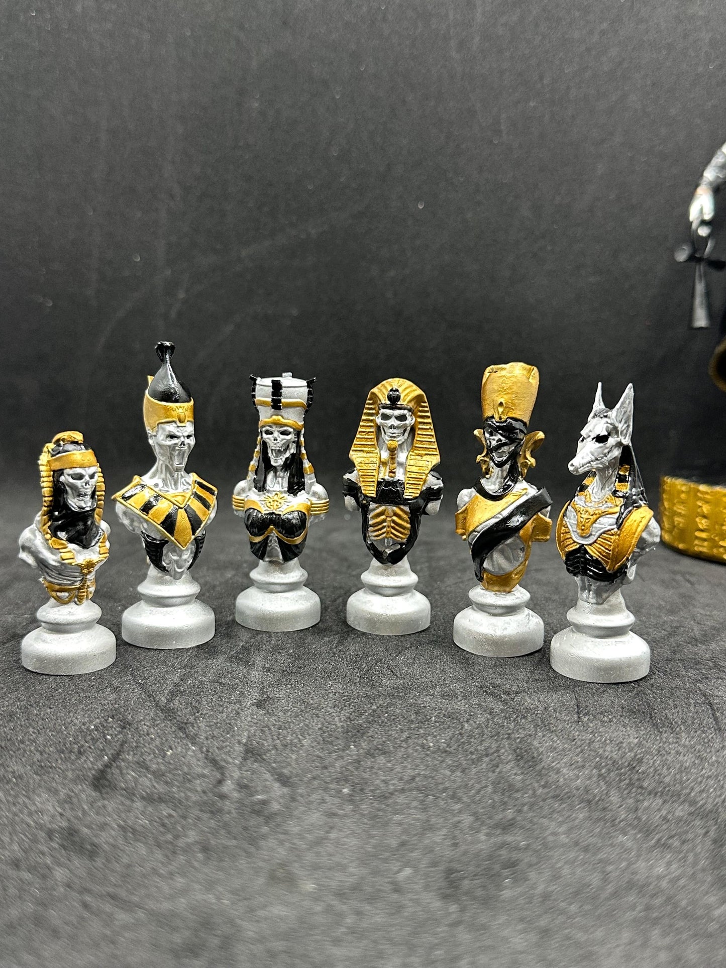 Set of 06 Egyptian Chess Busts – Silver Edition Hand-Painted Resin Decor