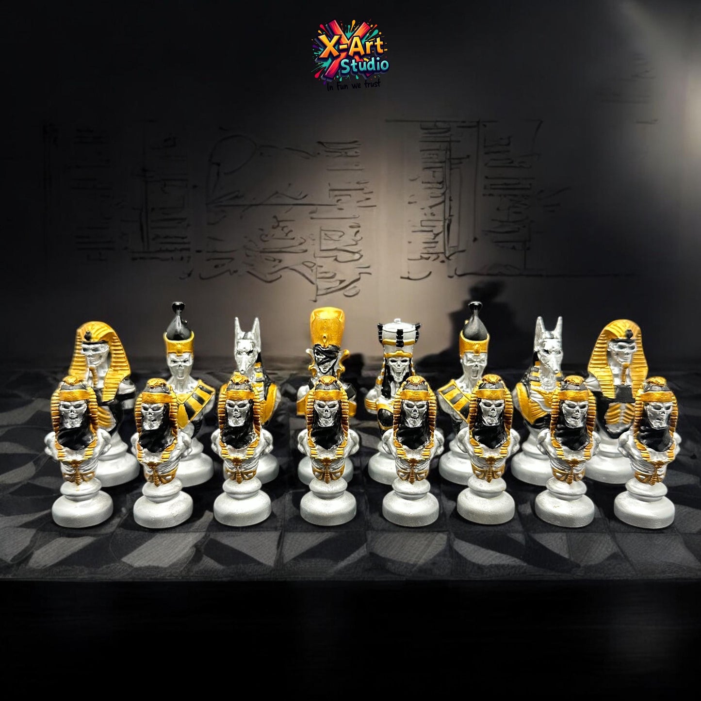 Egyptian Chess Pieces – Hand Painted Black & Silver Resin Set, Ancient Egypt Decor (Pieces Only)