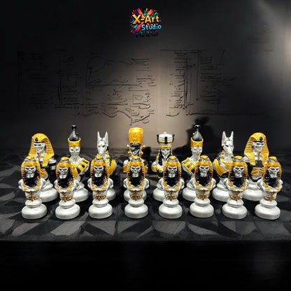 Egyptian Chess Pieces – Hand Painted Black & Silver Resin Set, Ancient Egypt Decor (Pieces Only)