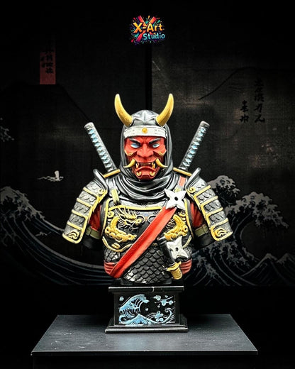 Hand-Painted Resin Ninja Oni Mask Bust – Japanese Warrior Demon Sculpture Desk Decor
