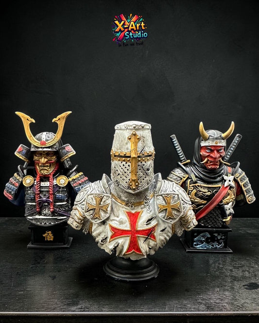 Hand Painted Samurai, Templar Knight, Ninja Busts (Set of 3), Resin Warrior Statues