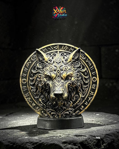 Hand-Painted Wolf Medallion – Nordic Mythology Resin Sculpture, Viking Desk Ornament