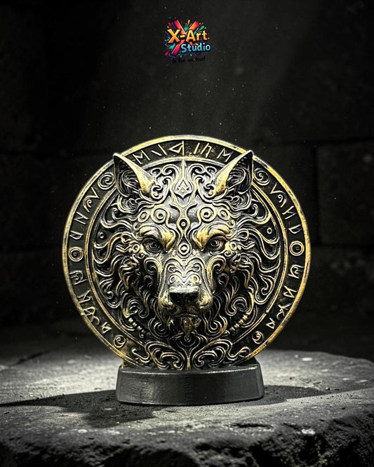 Hand-Painted Wolf Medallion – Nordic Mythology Resin Sculpture, Viking Desk Ornament