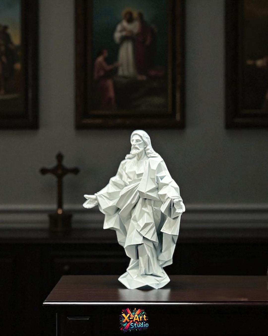 Low Poly Jesus Statue – Modern Christian Figurine – Minimalist Religious Decor – Resin Sculpture – Spiritual Gift