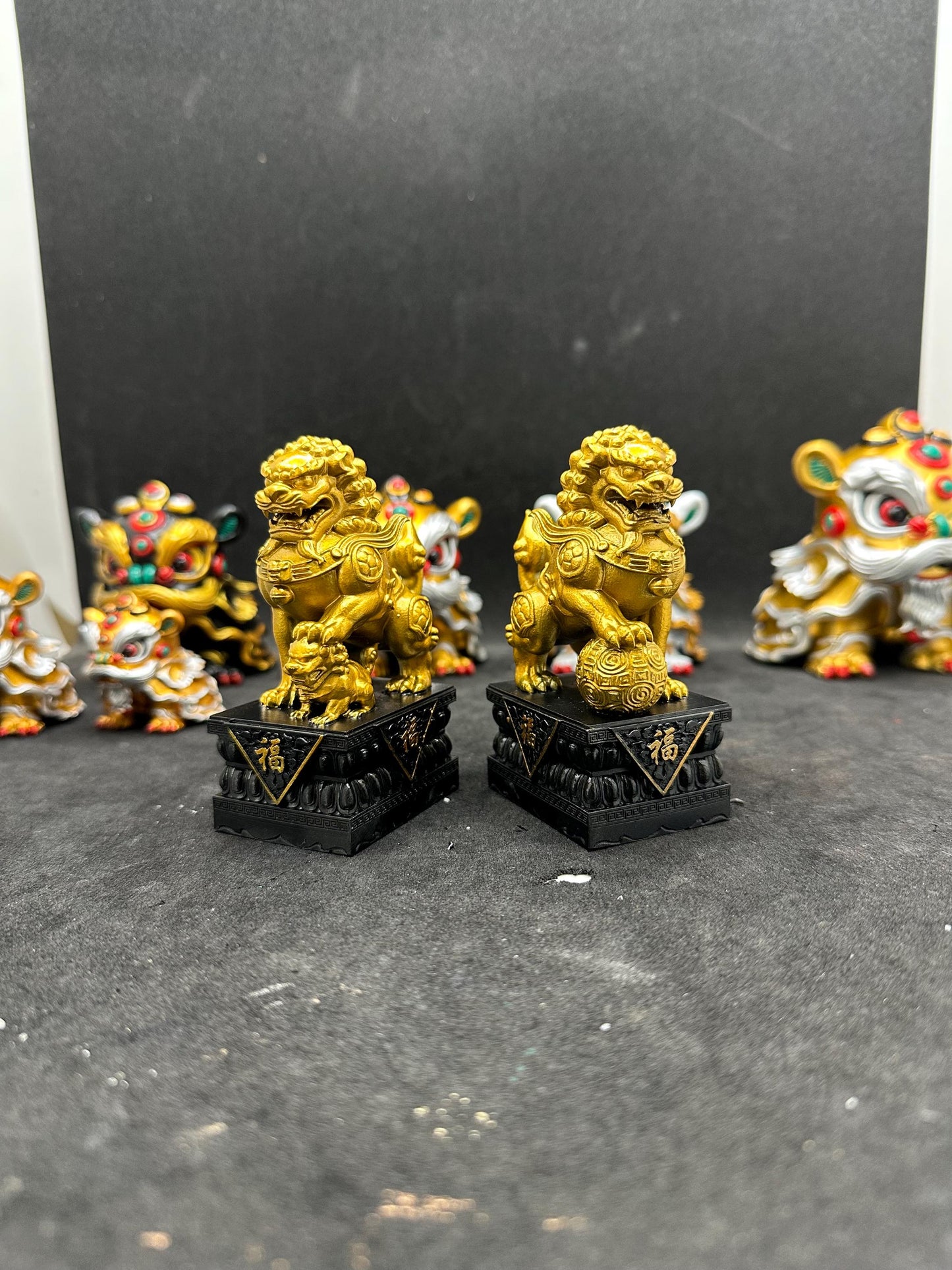 Hand Painted Chinese Guardian Lion Statues, Foo Dog Feng Shui Decor, Wealth Protection Sculpture