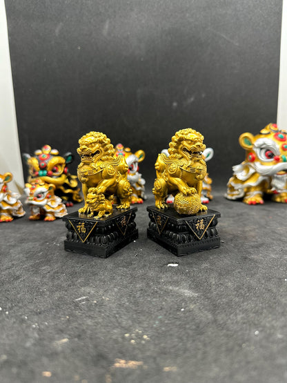 Hand Painted Chinese Guardian Lion Statues, Foo Dog Feng Shui Decor, Wealth Protection Sculpture