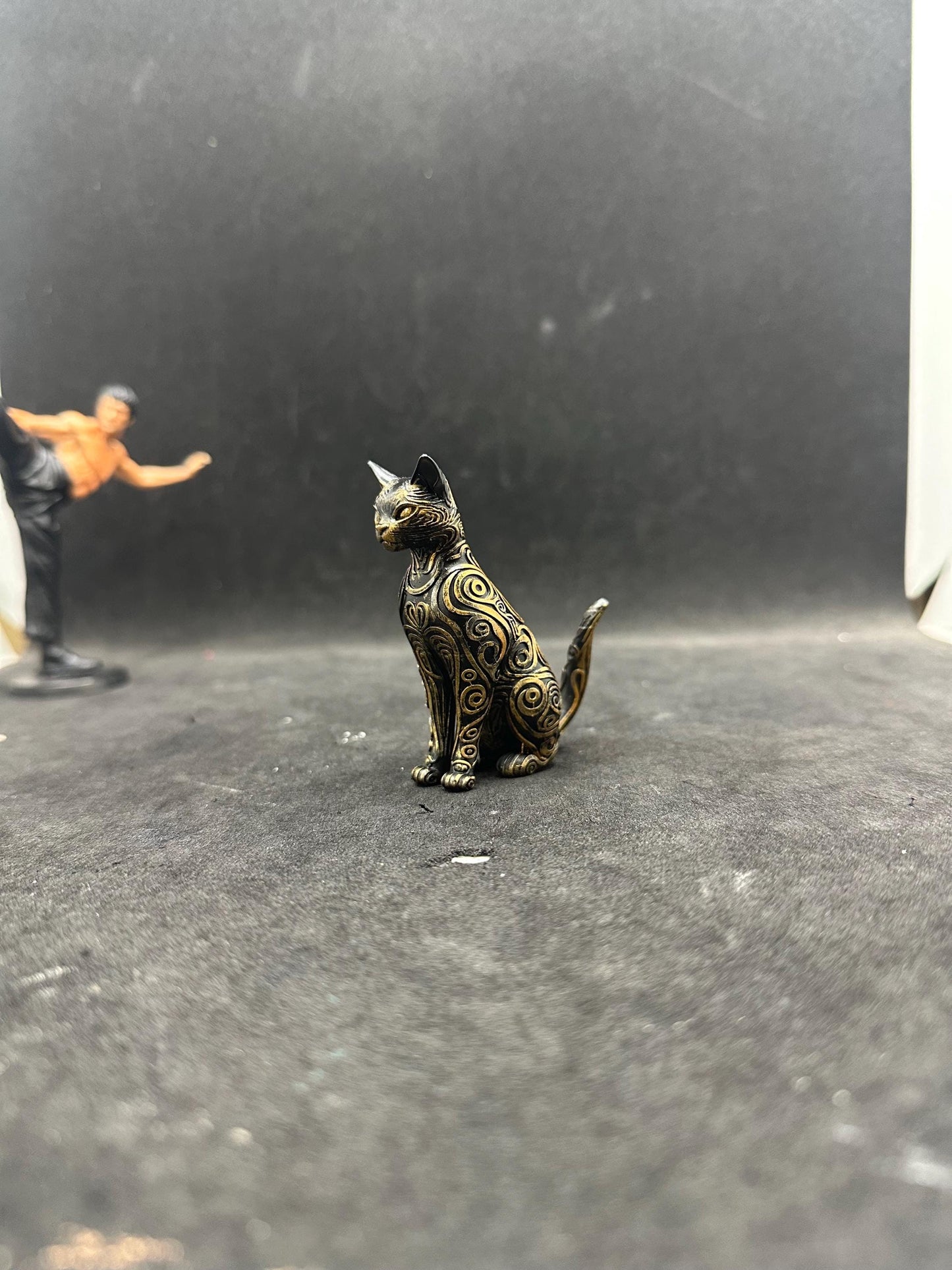 Hand Painted Egyptian Cat Statue – Bastet Style Figurine, Black Gold Decor, Mystical Sculpture