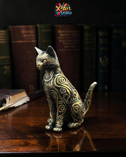 Hand Painted Egyptian Cat Statue – Bastet Style Figurine, Black Gold Decor, Mystical Sculpture