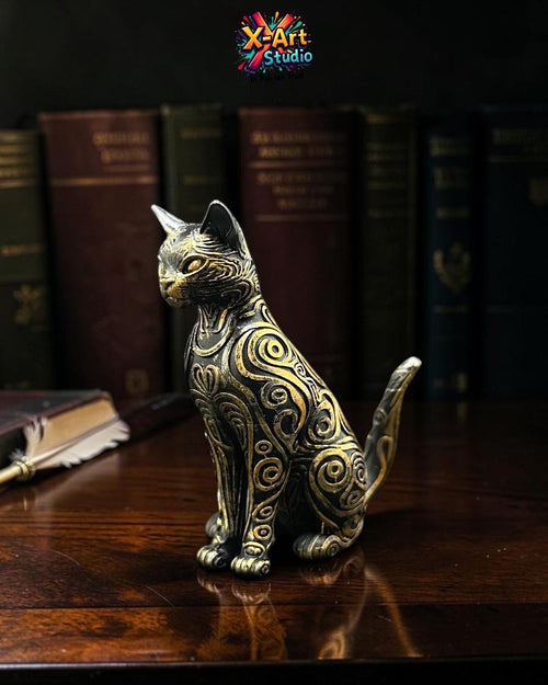Hand Painted Egyptian Cat Statue – Bastet Style Figurine, Black Gold Decor, Mystical Sculpture