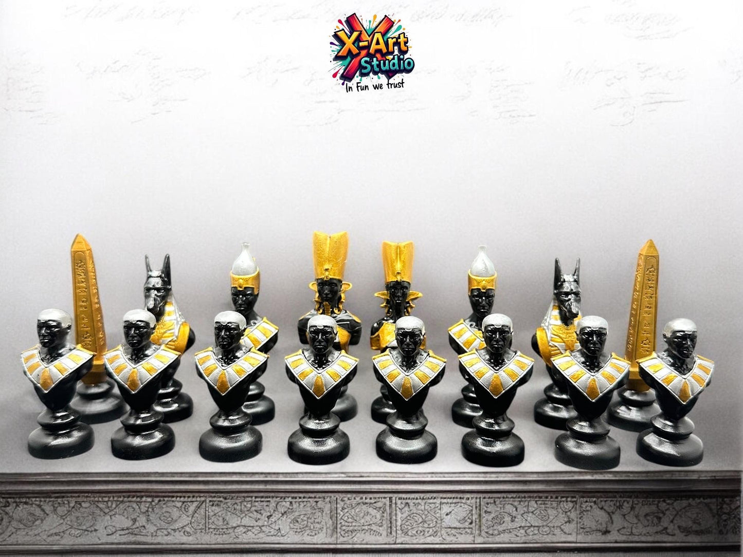 Egyptian Chess Pieces – Hand Painted Black & Silver Resin Set, Ancient Egypt Decor (Pieces Only)