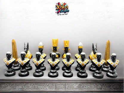 Egyptian Chess Pieces – Hand Painted Black & Silver Resin Set, Ancient Egypt Decor (Pieces Only)