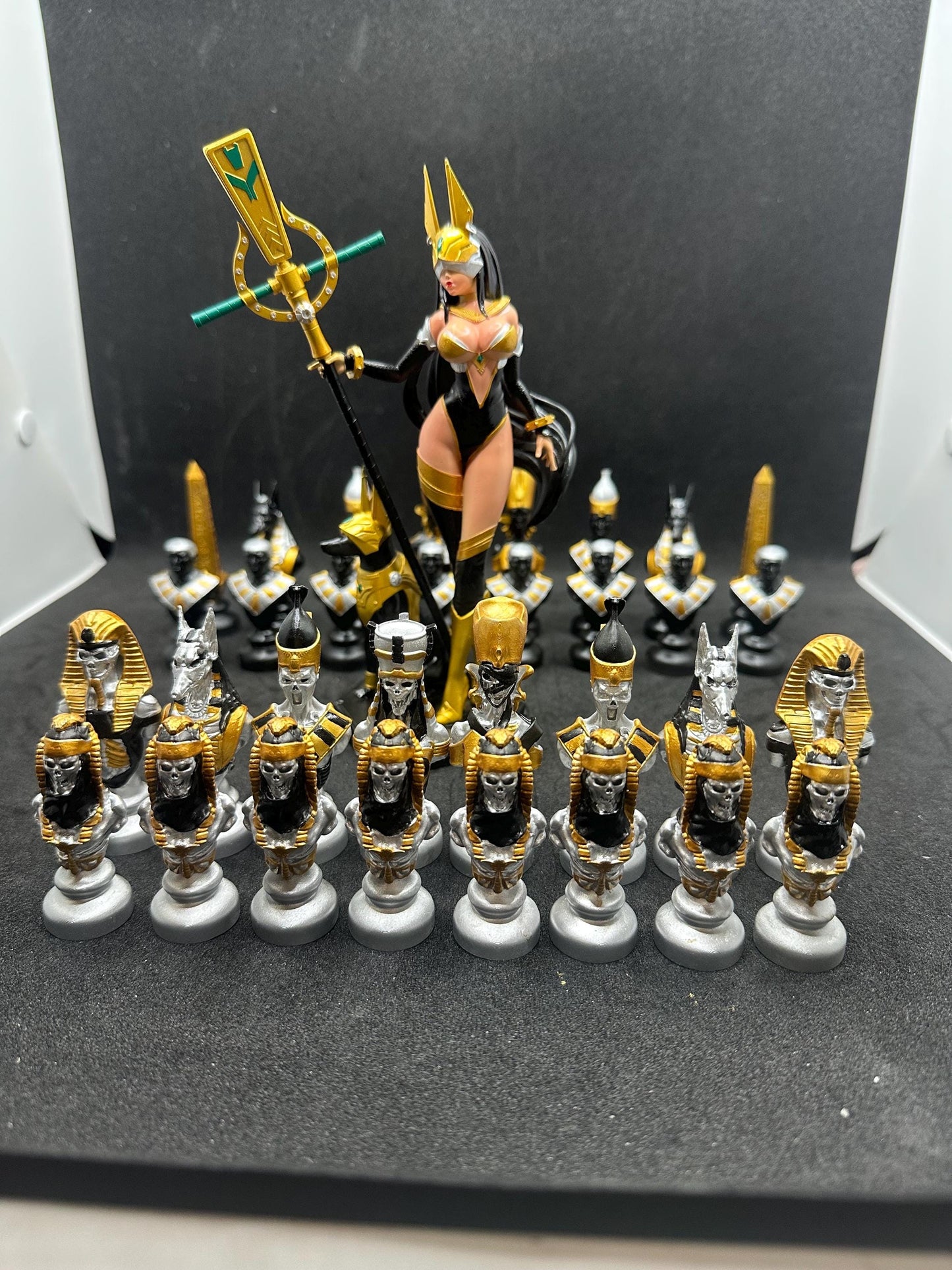 Egyptian Chess Pieces – Hand Painted Black & Silver Resin Set, Ancient Egypt Decor (Pieces Only)