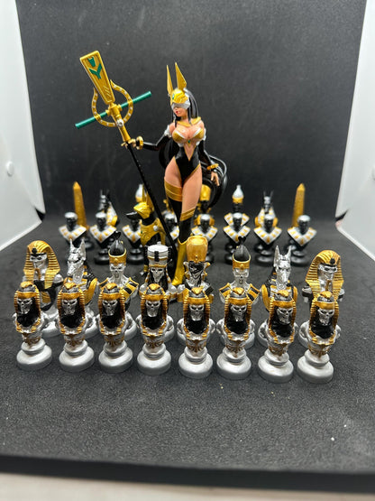Egyptian Chess Pieces – Hand Painted Black & Silver Resin Set, Ancient Egypt Decor (Pieces Only)