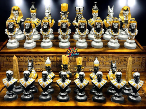 Egyptian Chess Pieces – Hand Painted Black & Silver Resin Set, Ancient Egypt Decor (Pieces Only)