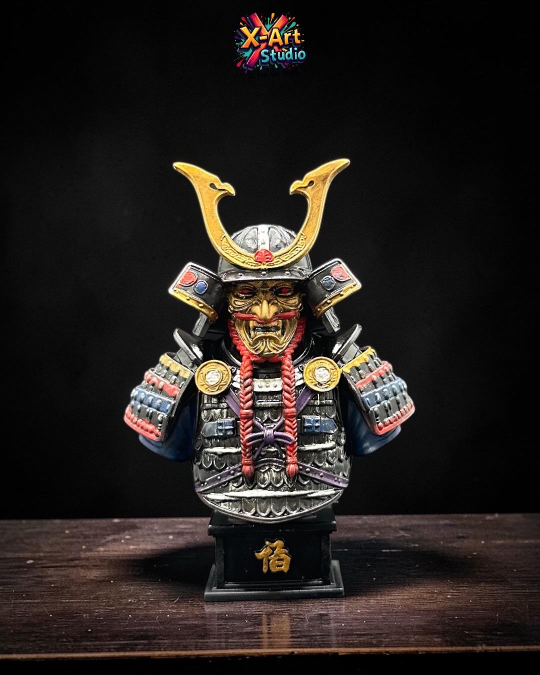 Samurai Oni Mask Bust Statue – Hand-Painted Resin Japanese Warrior Decor