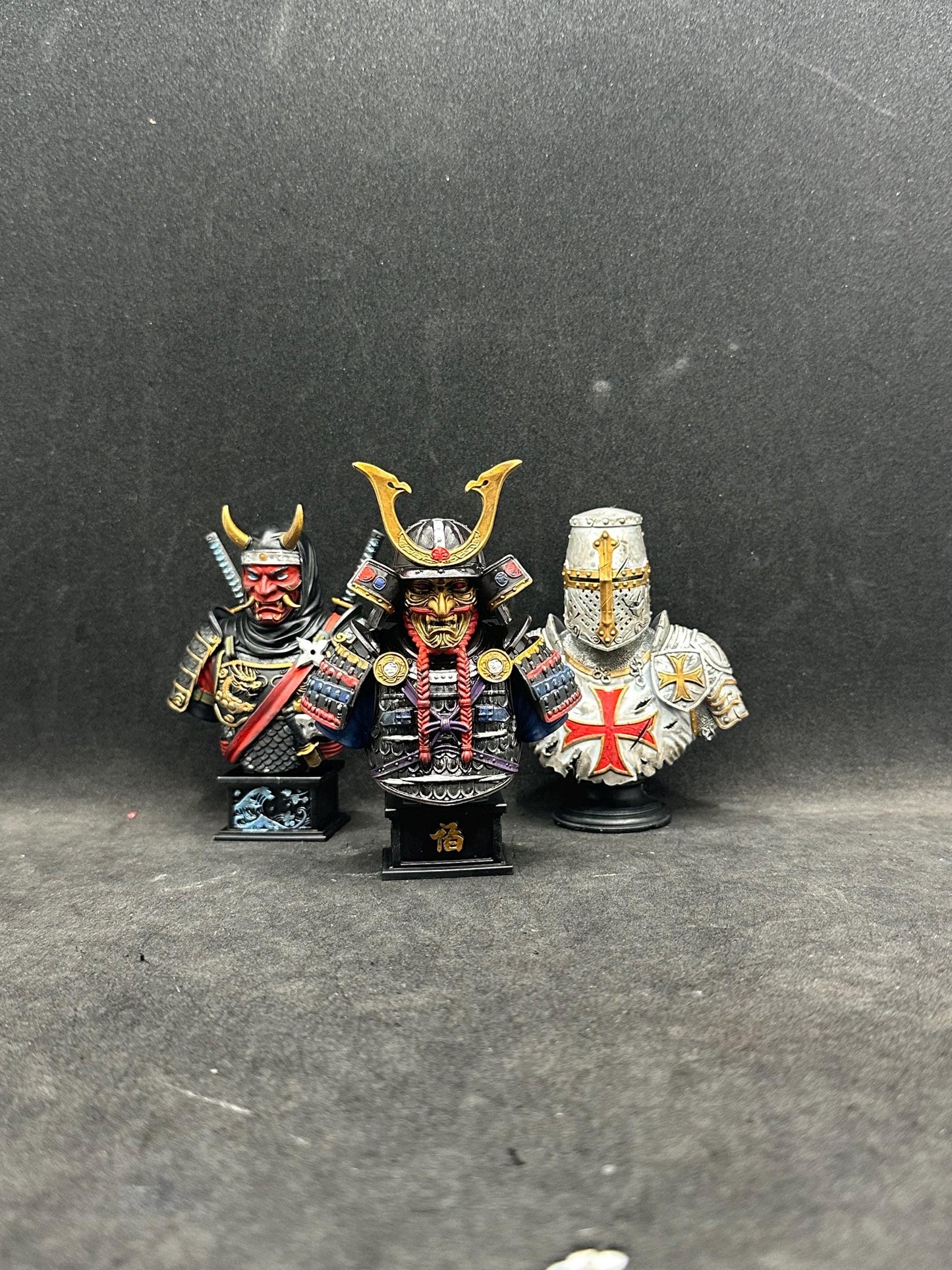 Hand Painted Samurai, Templar Knight, Ninja Busts (Set of 3), Resin Warrior Statues