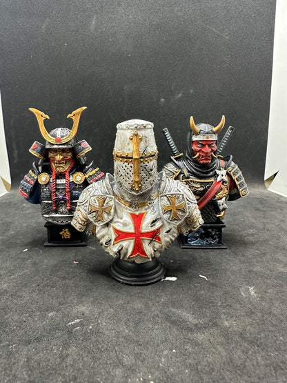 Hand Painted Samurai, Templar Knight, Ninja Busts (Set of 3), Resin Warrior Statues