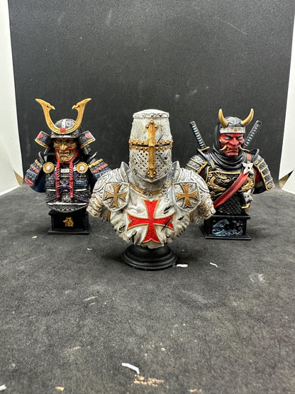 Hand Painted Samurai, Templar Knight, Ninja Busts (Set of 3), Resin Warrior Statues