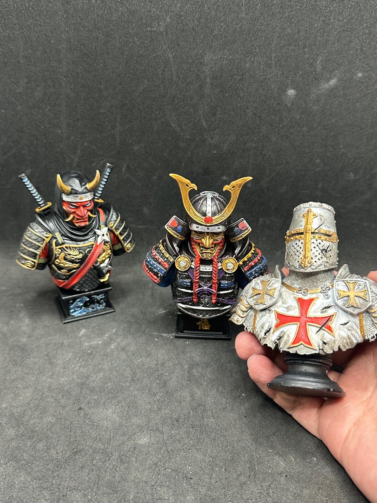 Hand Painted Samurai, Templar Knight, Ninja Busts (Set of 3), Resin Warrior Statues
