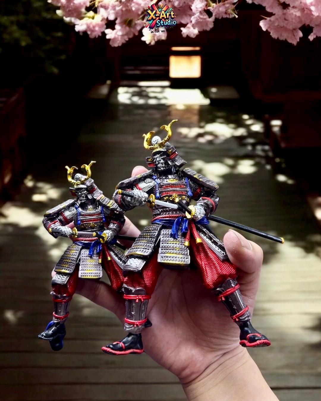 Hand Painted Samurai Armor Statue – Blue & Red Ronin Warrior Figurine, Resin Japanese Swordsman Collectible